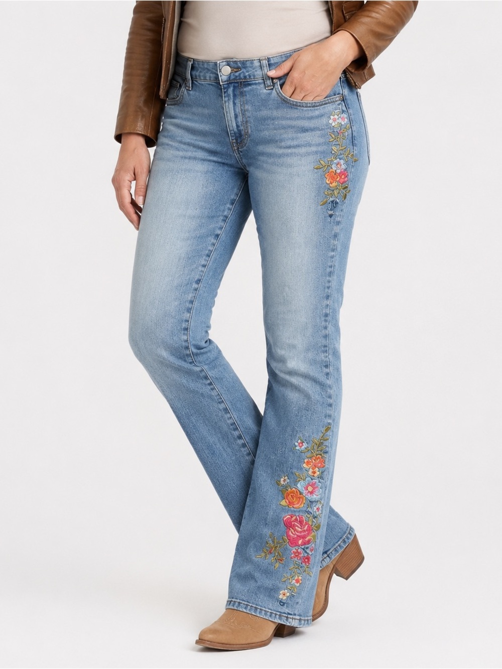 Flamingals Embroidered Jeans Floral Bootcut Womens L 31x31 Blue Stretch Festival